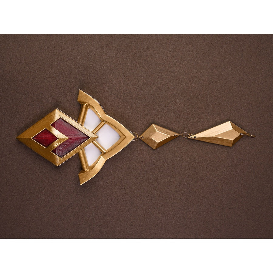Sandrone cosplay costume gold necklace with square burgundy frame and two diamond-shaped pendants on chain