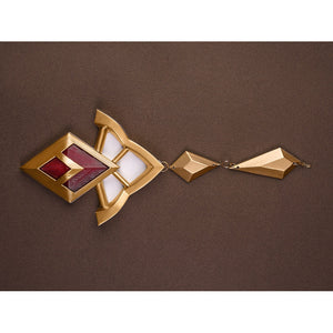 Sandrone cosplay costume gold necklace with square burgundy frame and two diamond-shaped pendants on chain