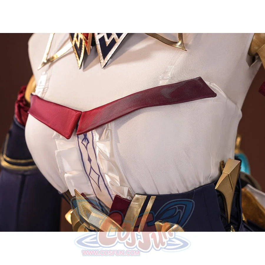 Sandrone cosplay costume midsection detail showing white shirt with blue embroidery, burgundy belt sash, and gold hip plate