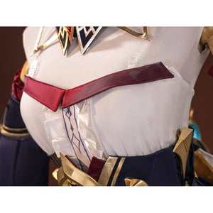 Sandrone cosplay costume midsection detail showing white shirt with blue embroidery, burgundy belt sash, and gold hip plate