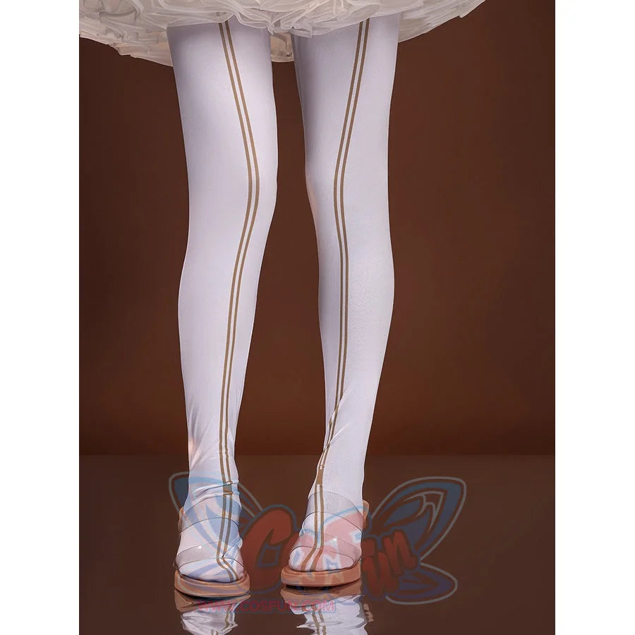 Sandrone cosplay costume lower body detail showing white stockings with gold stripes and white platform shoes