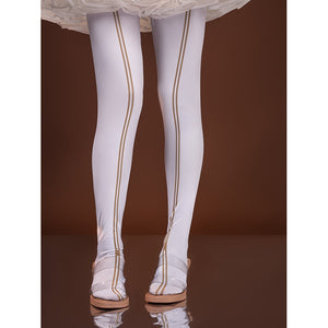 Sandrone cosplay costume lower body detail showing white stockings with gold stripes and white platform shoes