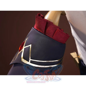Sandrone cosplay costume shoulder detail showing burgundy ruffled cuff on navy sleeve with gold trim and red gem accent