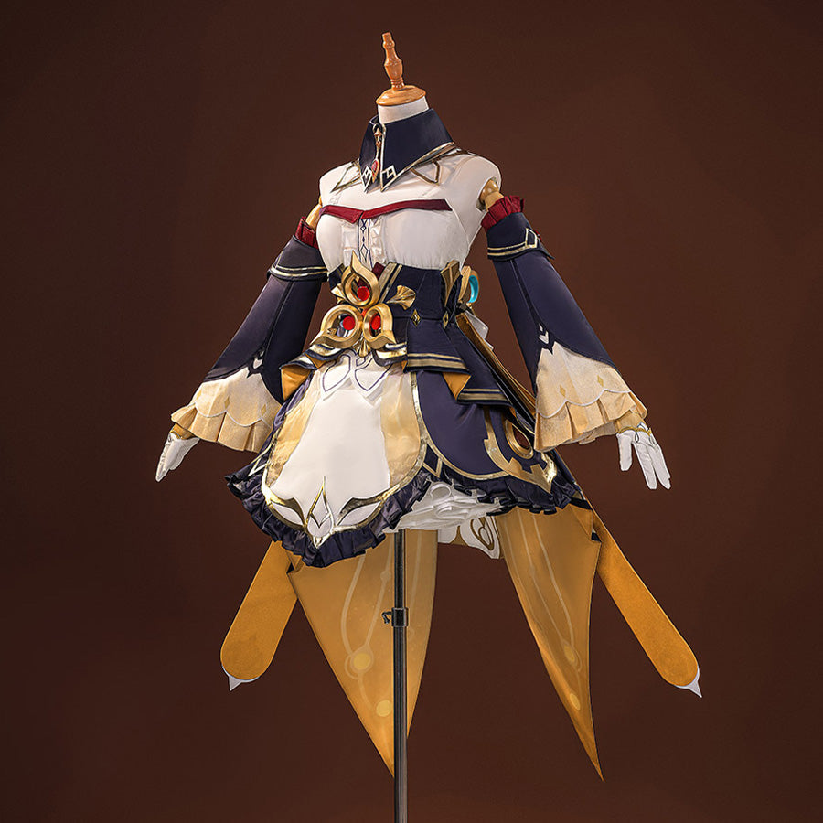 Sandrone cosplay costume side view on mannequin, displaying the white dress, navy jacket with gold trim, and layered golden skirt