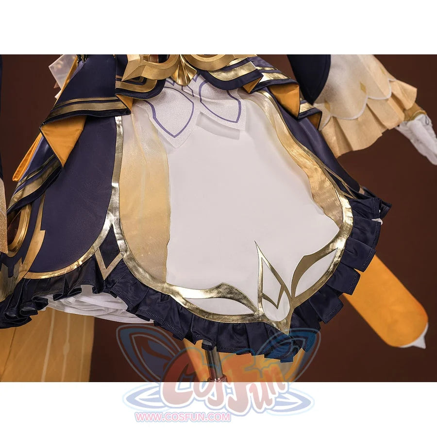 Sandrone cosplay costume skirt detail showing white apron panel with gold trim, navy blue side panels, and black ruffled hem