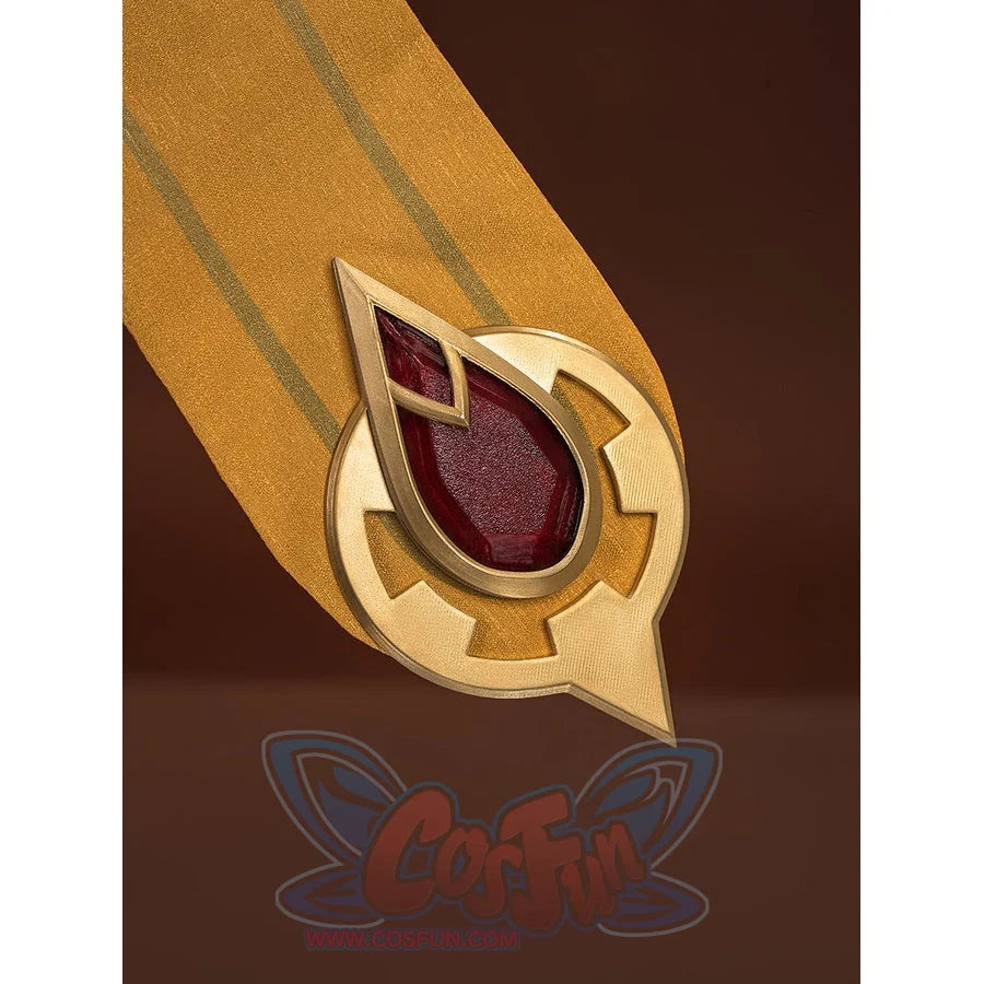 Sandrone cosplay costume skirt panel tip closeup showing circular gold mount with downward arrow and large red teardrop gem