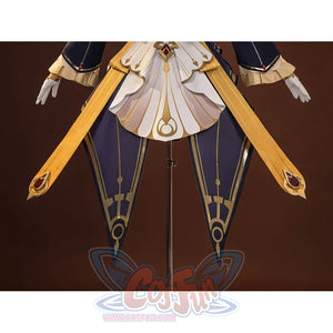 Sandrone cosplay costume lower front showing two long gold arrow skirt panels with red gem tips, navy skirt, and white apron