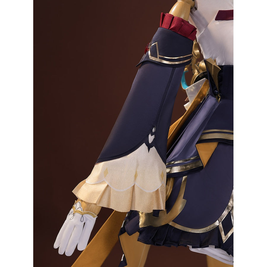 Sandrone cosplay costume sleeve detail with navy blue fabric, gold trim, red ruffle near shoulder, and white glove at wrist