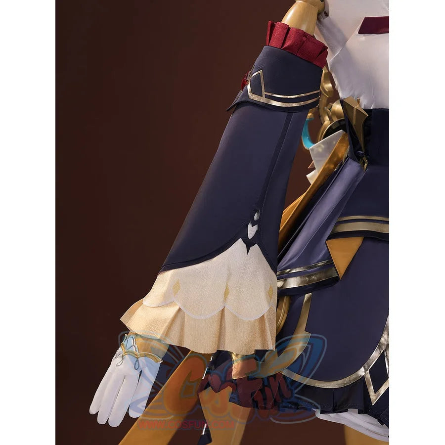 Sandrone cosplay costume sleeve detail with navy blue fabric, gold trim, red ruffle near shoulder, and white glove at wrist