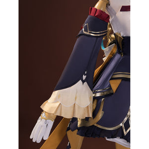 Sandrone cosplay costume sleeve detail with navy blue fabric, gold trim, red ruffle near shoulder, and white glove at wrist