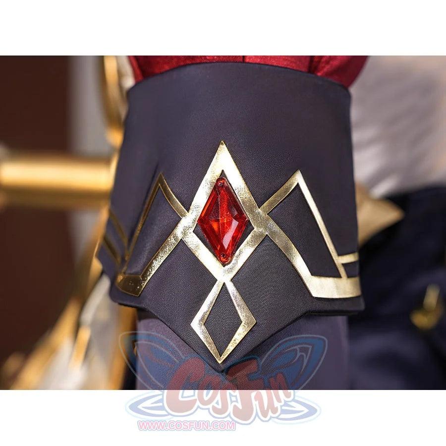 Sandrone cosplay costume sleeve cuff closeup featuring navy blue fabric with gold diamond trim pattern and central red gem