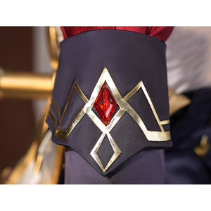 Sandrone cosplay costume sleeve cuff closeup featuring navy blue fabric with gold diamond trim pattern and central red gem