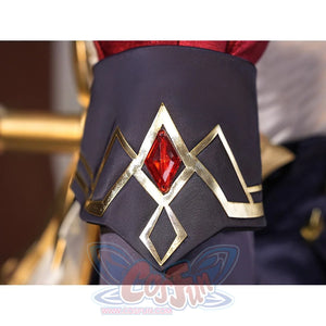 Sandrone cosplay costume sleeve cuff closeup featuring navy blue fabric with gold diamond trim pattern and central red gem