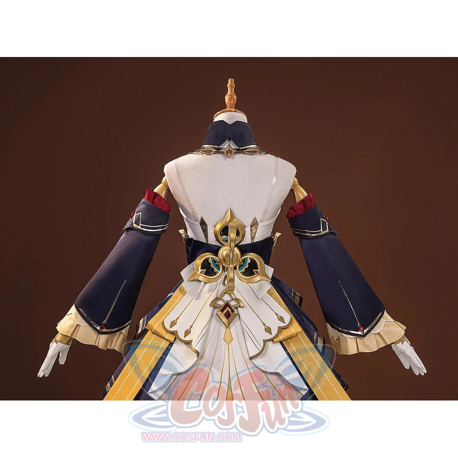 Sandrone cosplay costume upper back view on mannequin showing white back panel, gold ornament, navy sleeves, and gold skirt