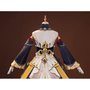 Sandrone cosplay costume upper back view on mannequin showing white back panel, gold ornament, navy sleeves, and gold skirt
