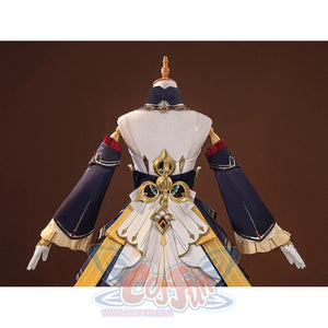 Sandrone cosplay costume upper back view on mannequin showing white back panel, gold ornament, navy sleeves, and gold skirt