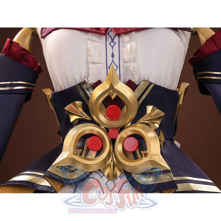 Sandrone cosplay costume large gold waist buckle with owl face design, three red gem accents, and ornate flame scrollwork