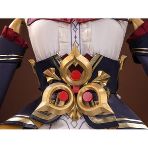 Sandrone cosplay costume large gold waist buckle with owl face design, three red gem accents, and ornate flame scrollwork