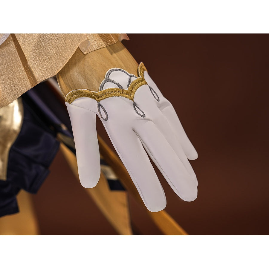 Sandrone cosplay costume white glove detail showing gold scalloped trim at wrist with decorative loop accents