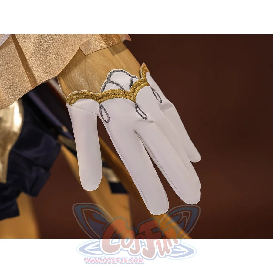 Sandrone cosplay costume white glove detail showing gold scalloped trim at wrist with decorative loop accents