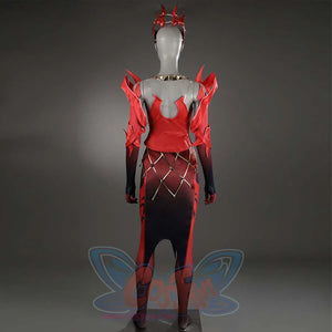 Shows the back view of a mannequin in a Scarlet Witch cosplay costume, emphasizing the design of the red top and lower garment.