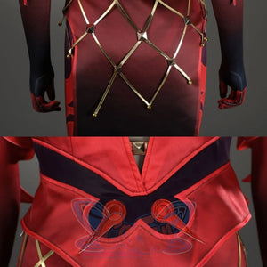 Close-up of Scarlet Witch cosplay costume, showcasing red fabric with intricate gold strap designs and decorative studs.