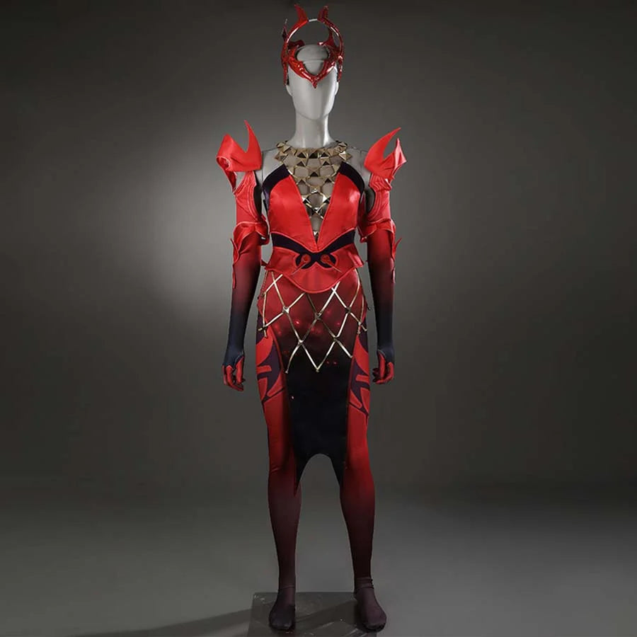 Presents a full-body view of a mannequin wearing a complete Scarlet Witch cosplay costume, featuring red and black tones with elaborate accessories.