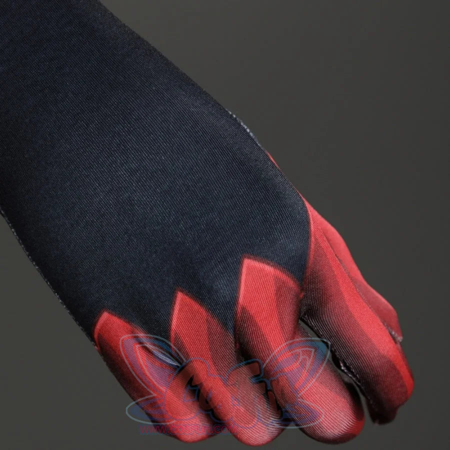Close-up of the black and red gradient glove from Scarlet Witch cosplay costume, showcasing its sleek fabric and color transition.