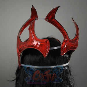 Rear perspective of the red, shiny Scarlet Witch cosplay headpiece, featuring its unique structural design, worn over a black wig.