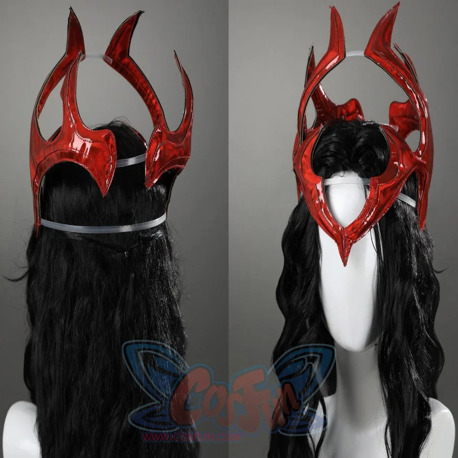 Red, glossy headpiece of Scarlet Witch cosplay, attached to a long-haired black wig,.