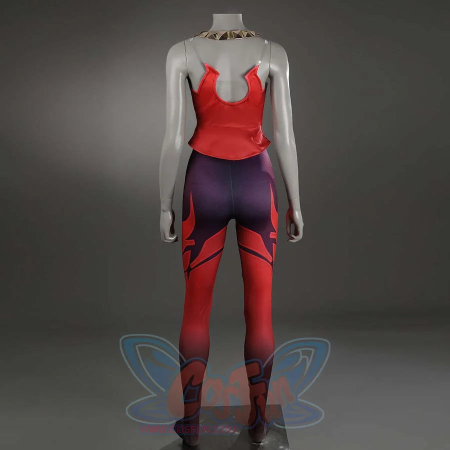 Presents the back view of a mannequin in a simplified Scarlet Witch cosplay costume, highlighting the red top and purple-red pants design.