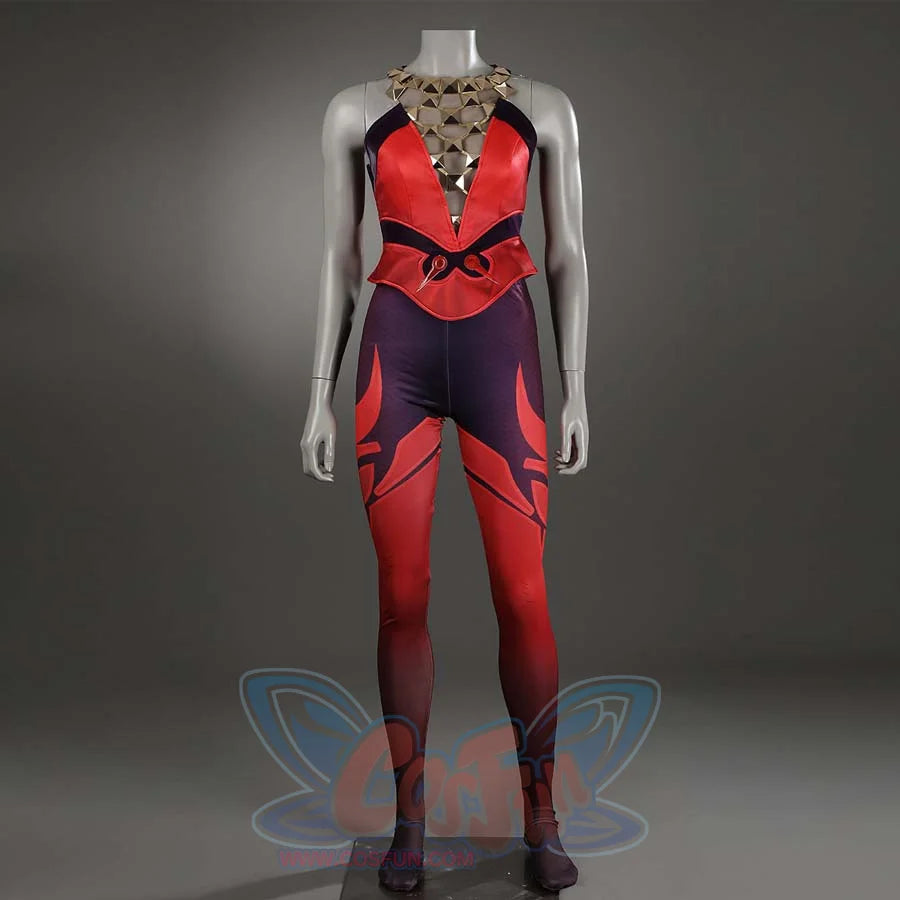 Shows a mannequin wearing a relatively simplified Scarlet Witch cosplay costume, with a red top and purple-ed lower garment, plus a decorative neckline.