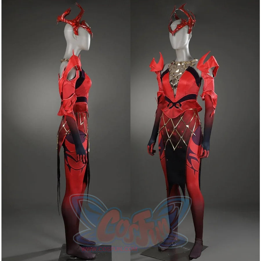 Displays a Scarlet Witch cosplay costume on a mannequin from two-different angles, showcasing the red - dominated design with unique accessories.