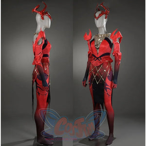Displays a Scarlet Witch cosplay costume on a mannequin from two-different angles, showcasing the red - dominated design with unique accessories.