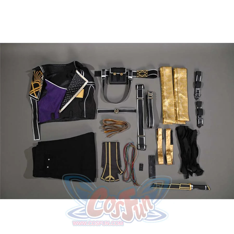 This image shows all the components of Sciel's cosplay costume laid out, including the top, pants, belts, and other accessories.
