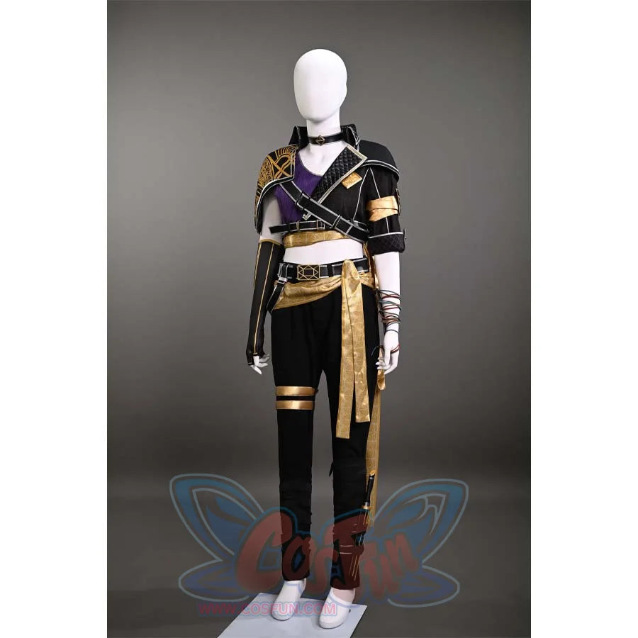 A full view of Sciel's cosplay costume, featuring a stylish combination of purple, black, and gold elements, showcasing a perfect blend of elegance and adventure.