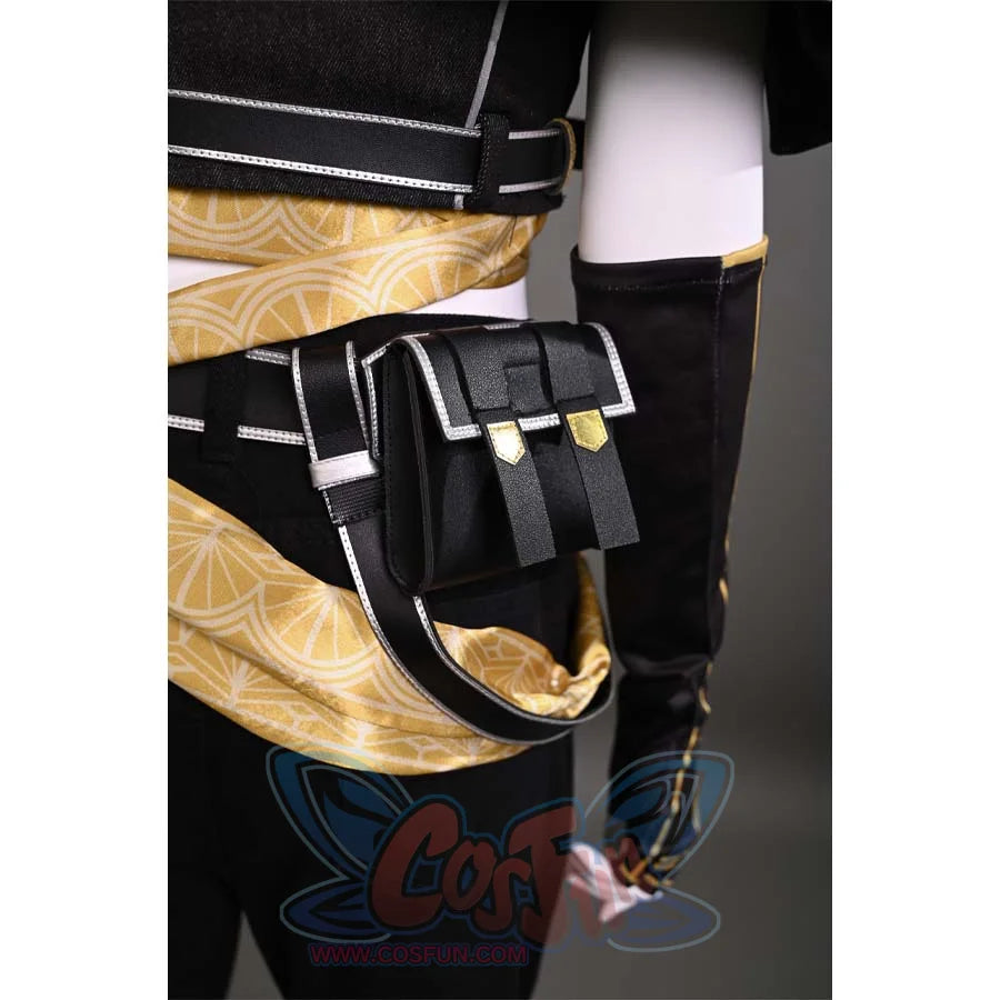 A close-up of the waist pouch on Sciel's cosplay costume, featuring a stylish design with gold accents that complements the overall look.