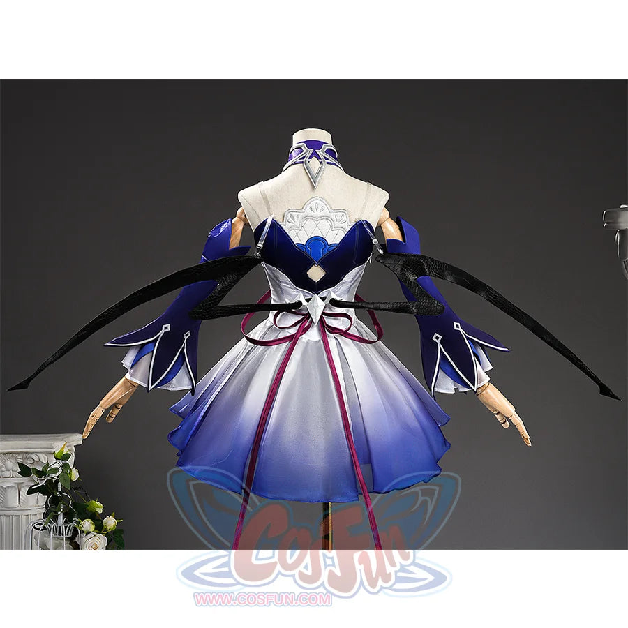 Seele cosplay wing attached to full costume on mannequin, back view, blue and white dress