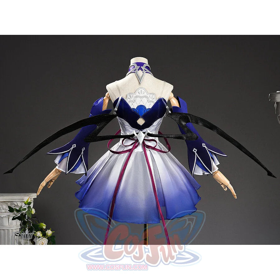 Seele cosplay full costume back view on mannequin with black wings spread and embroidered panel