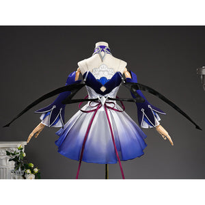 Seele cosplay full costume back view on mannequin with black wings spread and embroidered panel