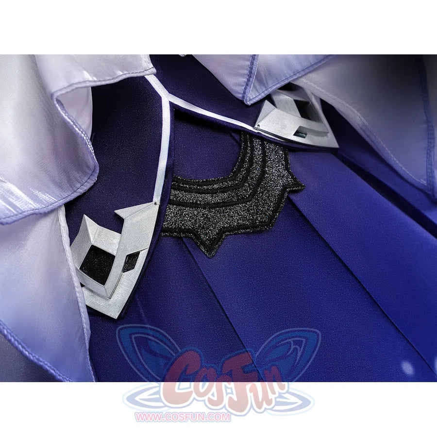 Seele cosplay black embroidered waistband detail with silver accessories on dark blue fabric