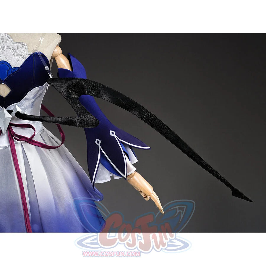 Seele cosplay black wing scythe prop accessory close-up side view attached to costume