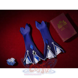Seele cosplay blue arm sleeves flat lay on red with white trim and silver diamond emblem
