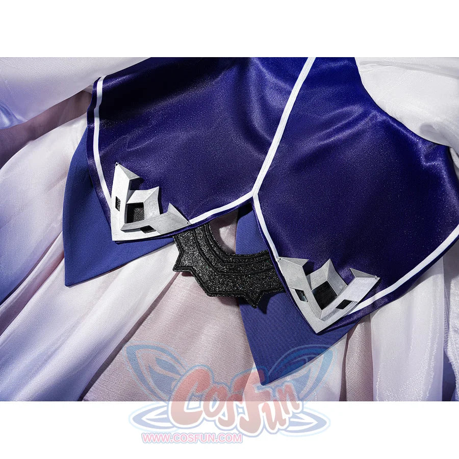 Seele cosplay blue cape mantle pieces showing white trim details and silver black emblem