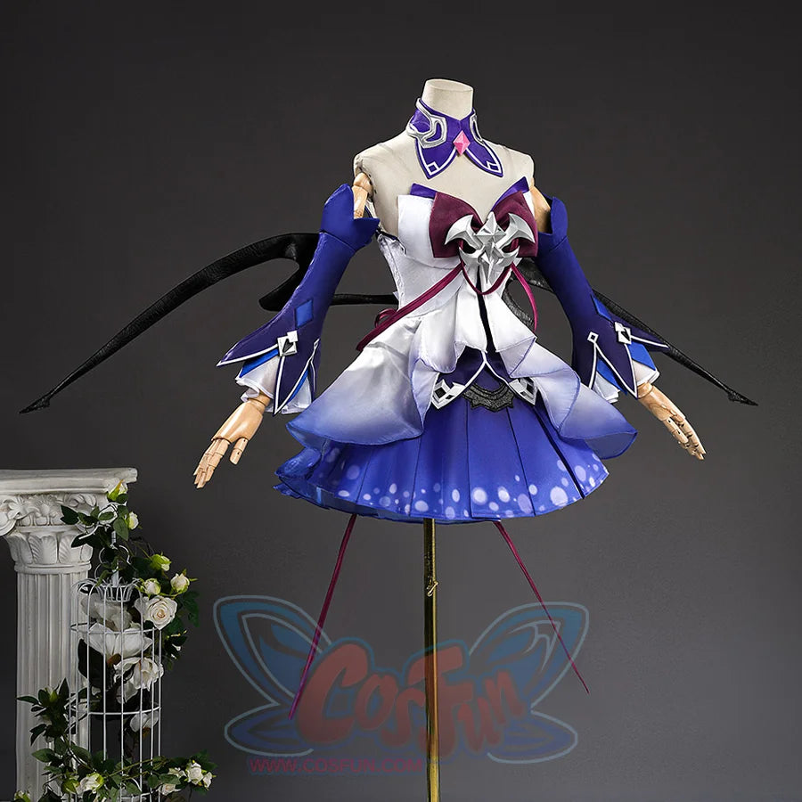 Seele cosplay full costume front view on mannequin stand, blue white dress with dark wing props