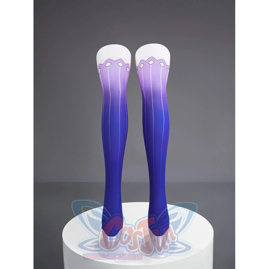 Seele cosplay blue to purple gradient stockings with white lace top and purple diamond trim