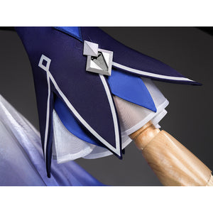 Seele cosplay blue sleeve cuff with white trim and small silver emblem, wooden staff prop visible