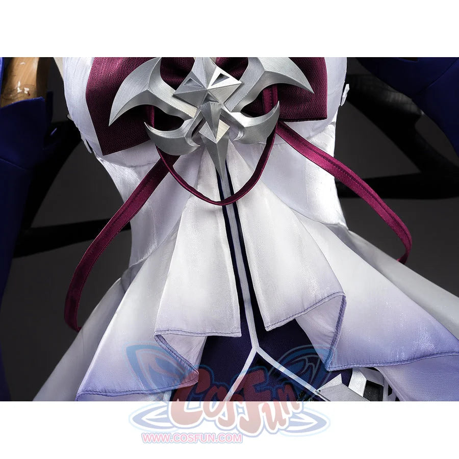 Seele cosplay chest star emblem detailed view with white layered fabric and dark red ribbon tie