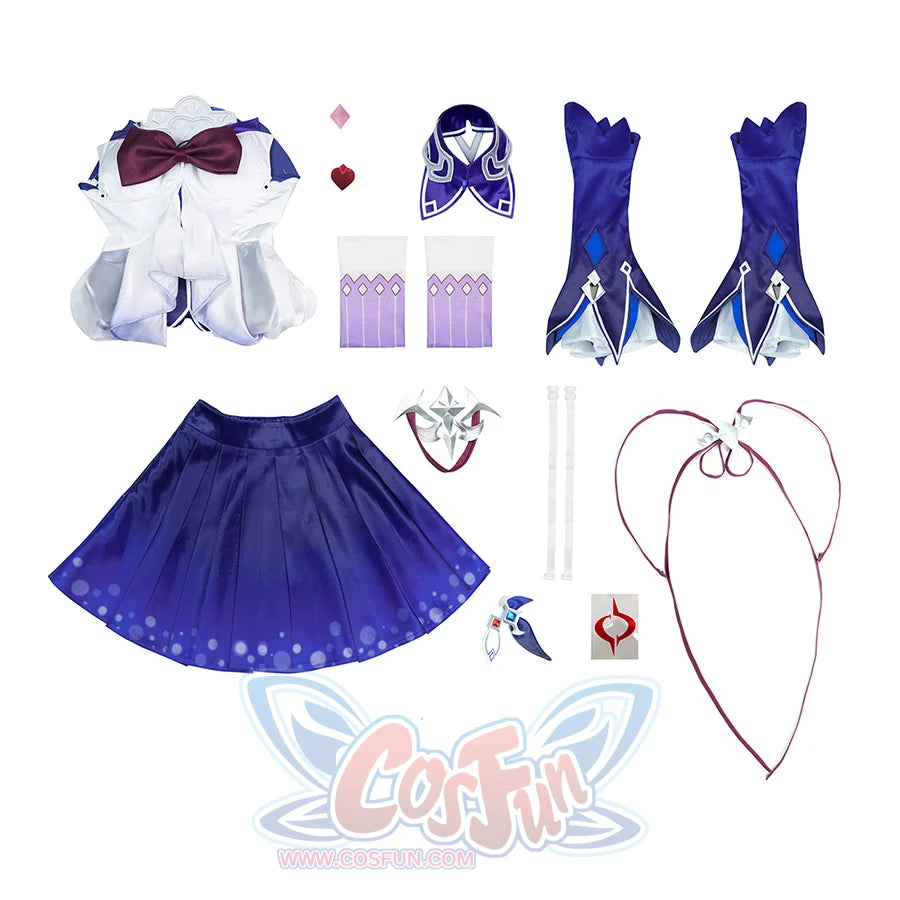 Seele cosplay complete costume set flat lay showing all components included on white background
