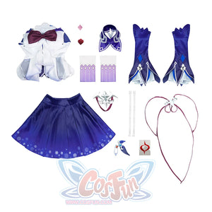 Seele cosplay complete costume set flat lay showing all components included on white background